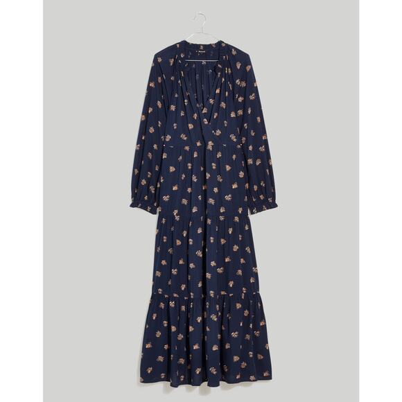 Madewell Plus Challis Floral Midi Dress Navy Boho Long Sleeve Tiered Flowy 2X - Picture 1 of 13